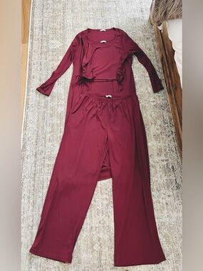 Women’s Burgundy Lounge Pants 3 Piece Set - Casual Wide-Leg Comfort